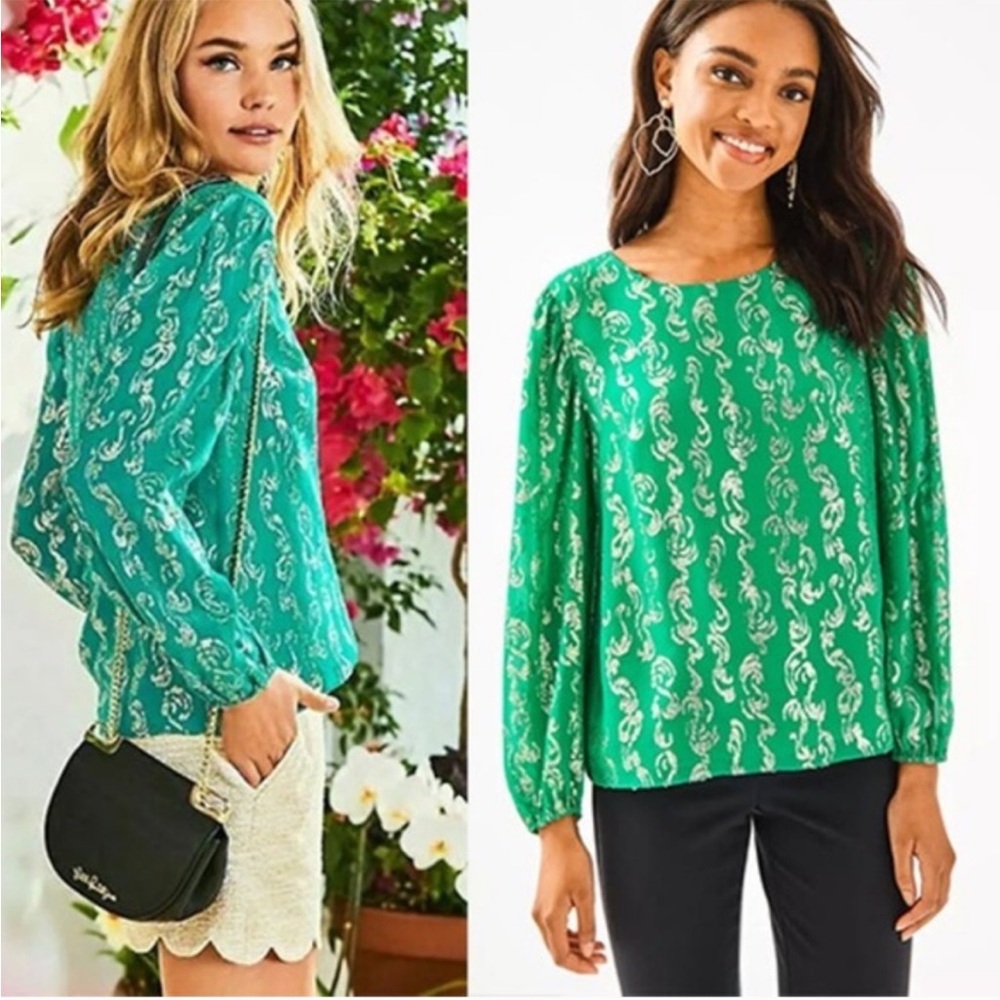 Lilly Pulitzer Miriam Silk Blouse Top size xxs Emerald Isle green gold sheer